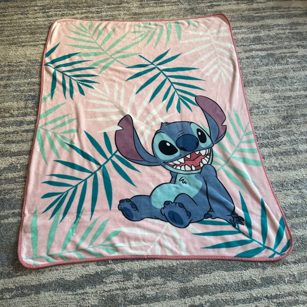 Disney Lilo & Stitch Pink Tropical Palm Leaf Fleece Plush Throw Blanket 44x57